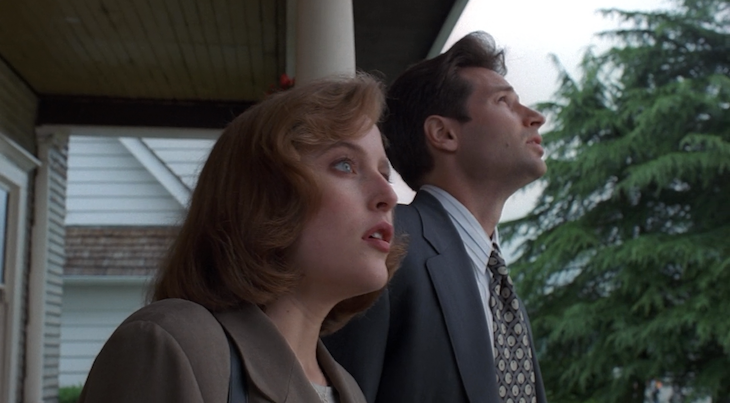 Mulder and Scully stand side by side, looking up into a cloudy sky.