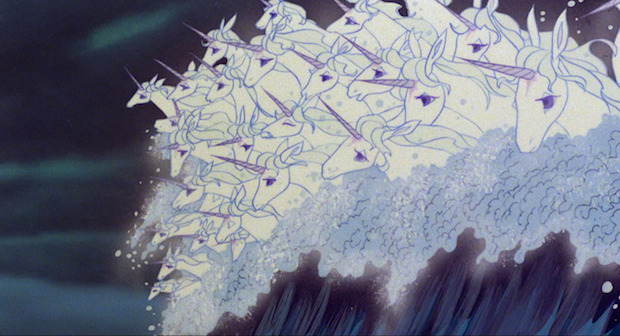 A multitude of unicorns rise from the tide.